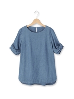 袖リボンライトデニムシャツ/ネイビー(093)