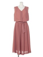 Vネックプリーツオールインワン/レンガ