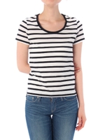 【AZUL by moussy】TC天竺BC切替スリットラウンドネック半袖プルオーバー/柄WHT