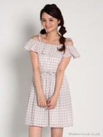 肩リボンチェックオフショルダーOP/ベージュ