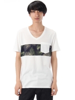 【AZUL by moussy】SURFボタニカル切替Vネック半袖ポケT/WHT