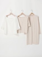 ロングカーデトリプルアンサンブル(4点SETリブニット＋ブラウス+カーデ+ネックレス)/ライトベージュ