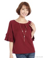 袖リボンネックレス付ブラウス（無地）/ワイン