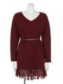 ベルト付裾フリンジニットOP/ワイン