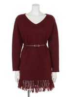 ベルト付裾フリンジニットOP/ワイン