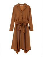 ピーチサテンイレギュラーヘム開襟シャツワンピース/ベージュ