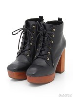 【R&E】厚底ウッド太ヒールレースアップショートブーツ/ブラックスエード