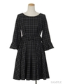 ベルスリーブチェックワンピ/黒