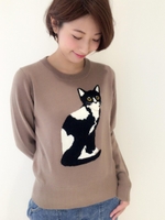 パール付ネコモチーフニット/モカ