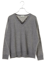 Vネックレースポイントニットプルオーバー/ネイビー