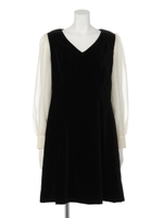 袖シフォンＶネックベロアサックワンピース/ブラック