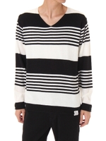 【1/5までNEWYEARSALE価格】【AZUL by moussy】WashableランダムボーダーVネック長袖プルオーバー/BLK