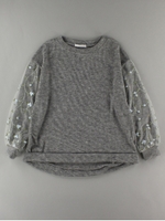 ・袖刺繍チュールプルオーバー/杢グレー