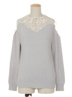 レース刺繍切替ニット/グレー