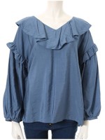 Vネックフリルブラウス/ブルー