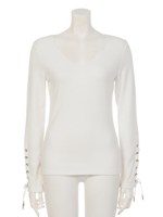 袖レースアップＶネックトップス/ベージュ