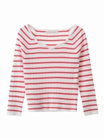 リブボーダー/無地ハートネックニット/レッド×オフホワイト