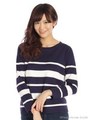 ミラノリブランダムボーダー丸首ニット/ネイビー