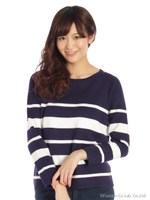 ミラノリブランダムボーダー丸首ニット/ネイビー
