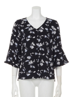 フラワープリントフレアスリーブブラウス/ネイビー