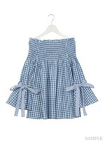 ギンガムチェックオフショルワンピ/ブラック