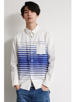 【AZUL by moussy】ストレッチオックスフォードボーダー長袖シャツ/WHT