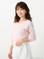 袖刺繍ニット/ピンク系