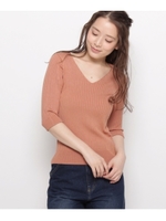 幅広リブVネックニット/キャメル(041)