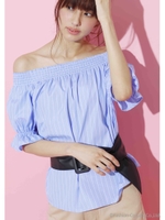 TCストライプ柄キャンディー5分袖オフショル/ブルー/オフホワイト