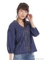 スカラップVブラウス/ネイビー