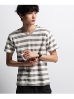 ボーダースラブ Vネック Tシャツ/ブラック(319)