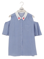衿刺繍肩あきブラウス/ネイビーストライプ