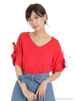 リボンハトメ袖トップス/レッド