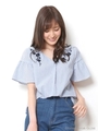 袖フレア刺繍ブラウス/ストライプ