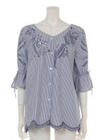 カットワーク刺繍ブラウス/ストライプ