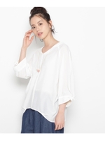 袖口リボンV開きBL七分袖シャツ/ホワイト(001)