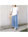 ウエストフリンジワイドデニム/ライトブルー