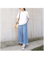 ウエストフリンジワイドデニム/ライトブルー