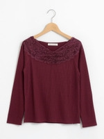【WEB限定価格】☆レース×ランダムテレコ長袖T/ボルドー