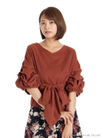 タック袖リボンブラウス/カラシ