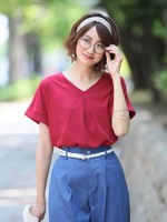 タック入りＶネック半袖カットソー/レッド