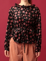 ベロアプリントフリルネックブラウス/ブラック