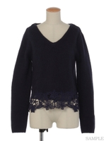 裾レース切替ニット/紺