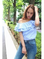 フリルワンショルブラウス/ブルー×ホワイトストライプ1(111)