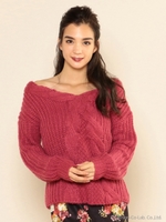 リボン風ケーブルオフショルダートップス/オフホワイト