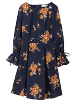 【ワンピース】別珍プリントワンピース/ネイビー