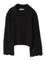 【ニット】オフタートル透かし柄フレアスリーブニット/ブラック