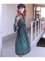 【chille anap】袖フレアハイネック花柄ロングワンピース/NVY