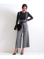 リブトップス×格子チェックオーバーオール/ベージュ(005)