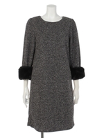 ファー付ニットツイードサックワンピース/ブラック